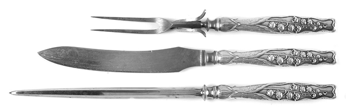 Lily of The Valley (Sterling, 1885, No Monograms) Large 3-Piece Roast Carving Set w/ Stainless Blade by Whiting Manf Co-1