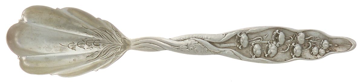 Lily of The Valley (Sterling, 1885, No Monograms) Sugar Shell Spoon, Bright Cut by Whiting Manf Co-1