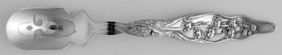 Lily of The Valley (Sterling, 1885, No Monograms) Short Handled Olive Spoon with Pierced Bowl by Whiting Manf Co-1