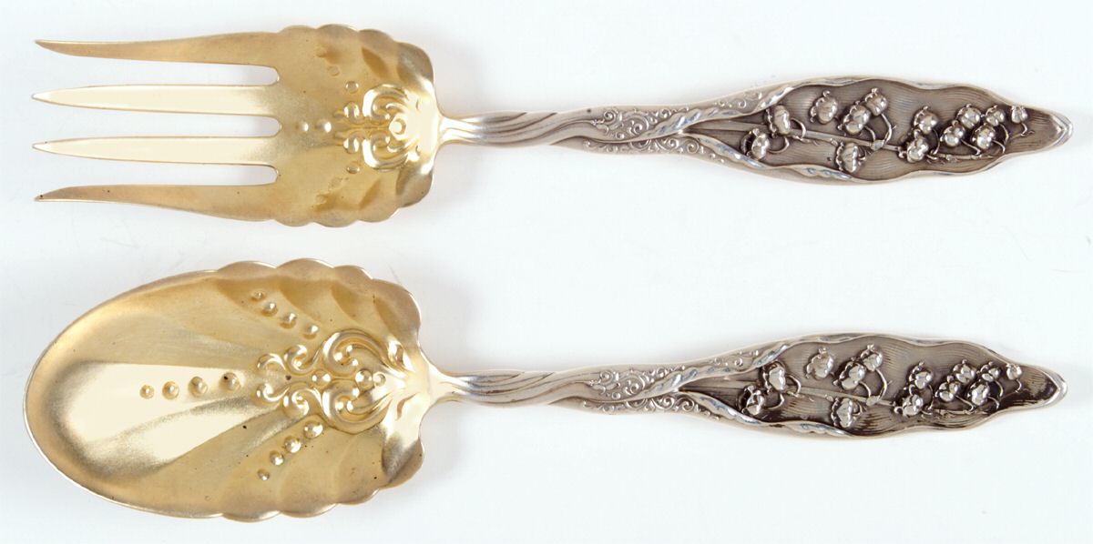 Lily of The Valley (Sterling, 1885, No Monograms) (2 Pc) Solid Salad Set by Whiting Manf Co-1