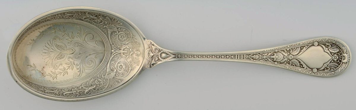 Persian (Sterling, 1880) Bright Cut Preserve Spoon by Whiting Manf Co-1