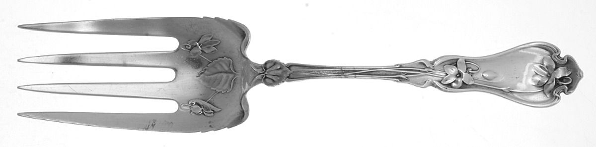 Violet (Sterling, 1905) Salad Serving Fork, Bright Cut Solid Piece by Whiting Manf Co-1