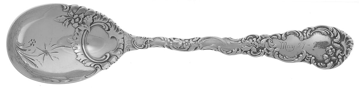Junior Rococo (Sterling, 1896) Bright Cut Bowl Sugar Spoon by Wendell-1