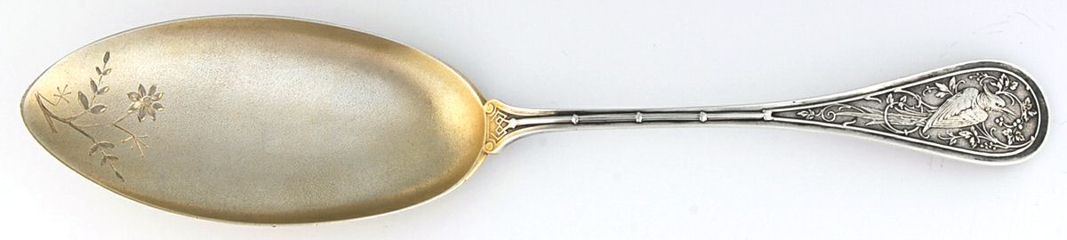 Bird (Sterling, 1865) Bright Cut Solid Pudding Spoon by John R Wendt-1