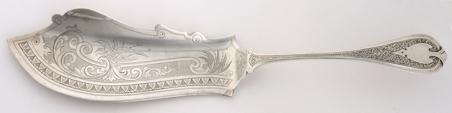 Florentine (Sterling, 1870, no monogram) Large Solid Bright Cut Fish Serving Knife by John R Wendt-1