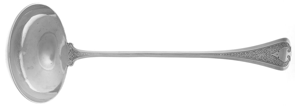 Florentine (Sterling, 1870, no monogram) Large Solid Soup Ladle by John R Wendt-1