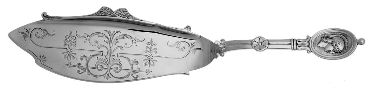 Medallion (Sterling, 1862) Large Solid Bright Cut Fish Serving Knife by John R Wendt-1