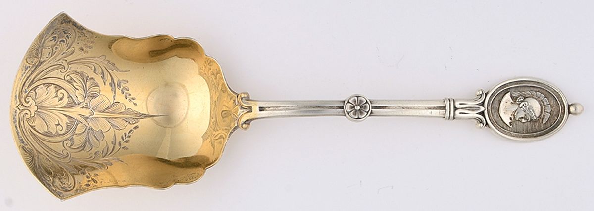 Medallion (Sterling, 1862) Bright Cut Cracker Spoon by John R Wendt-1