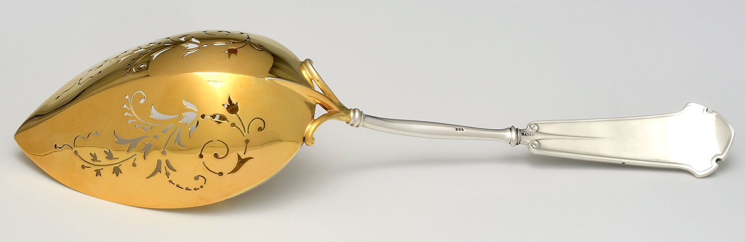 Arabesque (Sterling, 1870, No Monograms) Hooded Pierced Solid Nut Serving Spoon by John R Wendt-4