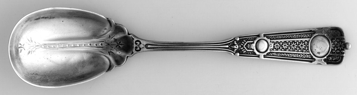 Ribbon (Sterling, 1870, No Monograms) Bright Cut Bowl Sugar Spoon by John R Wendt-1