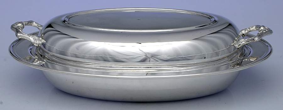 Silverplate Hollowware 12" Double Oval Vegetable with Glass Liner by W & S Blackington Co-1