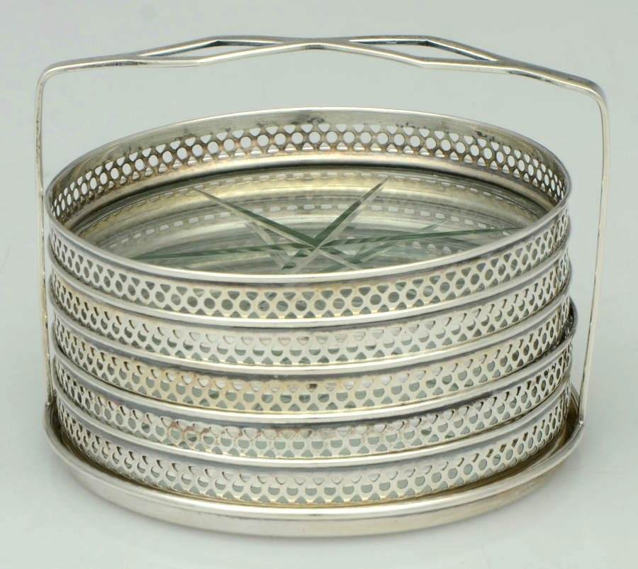 Sterling Hollowware Crystal Coaster with Sterling Rim - Set of 5 with Holder by Webster Co-1