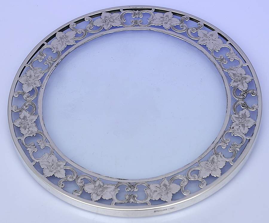 Sterling Hollowware Round Crystal Stering Overlay Trivet by Webster Co-1