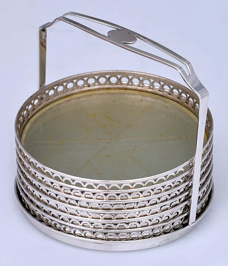 Sterling Hollowware Set of 6 Crystal Coaster W/Sterling Rims in Holder by Webster Co-1