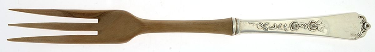 Sterling Rose (Sterling, 1955) Salad Serving Fork with Wooden Prongs by Wallace Silver-1