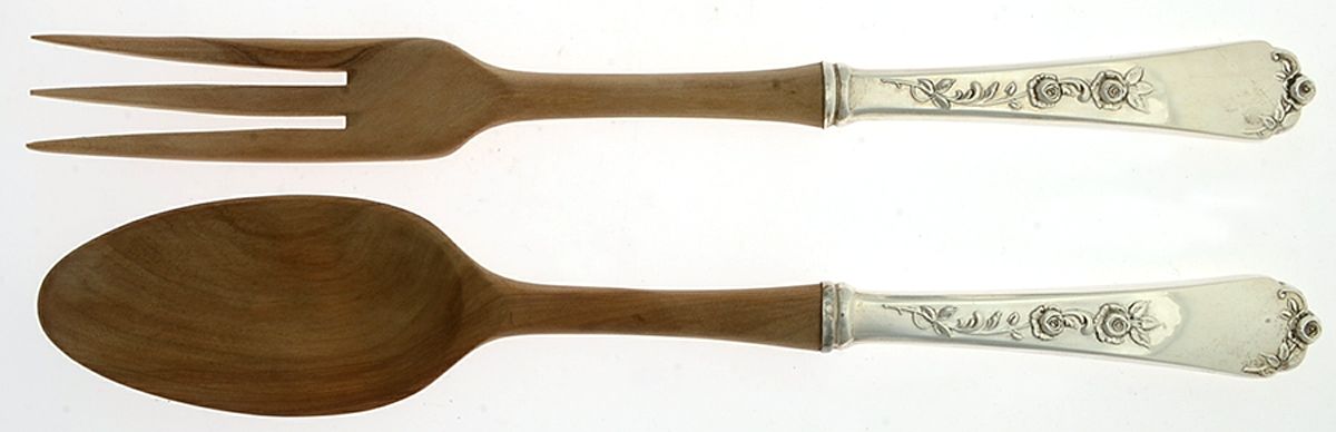Sterling Rose (Sterling, 1955) Wooden Bowl 2-Piece Salad Set by Wallace Silver-1