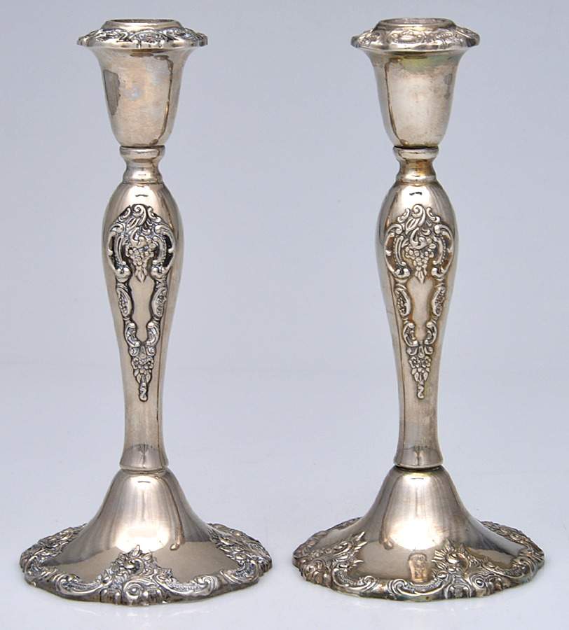 Baroque (Silverplate, Hollowware, Older) Pair of 8" Candlesticks by Wallace Silver-1