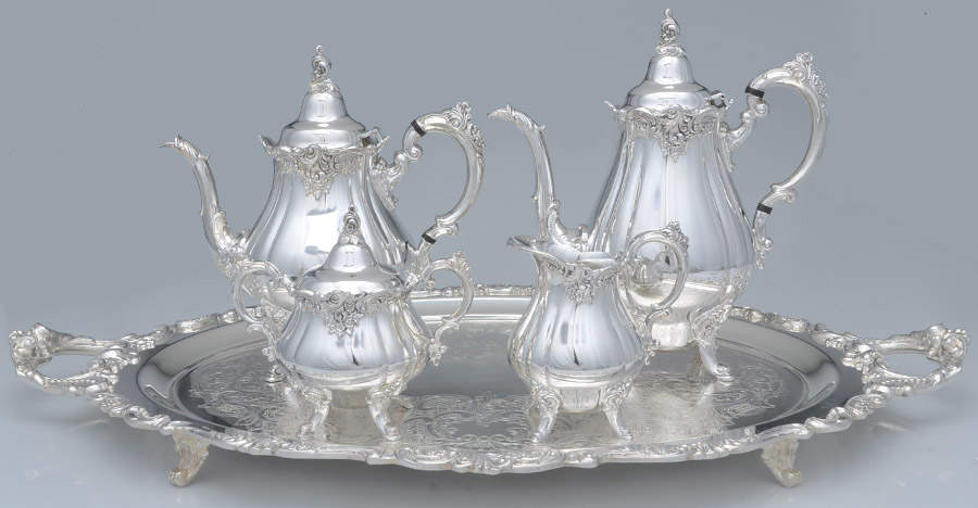 Baroque (Silverplate, Hollowware, Older) 5-Pc Silverplate Tea Set with Footed Tray by Wallace Silver-1