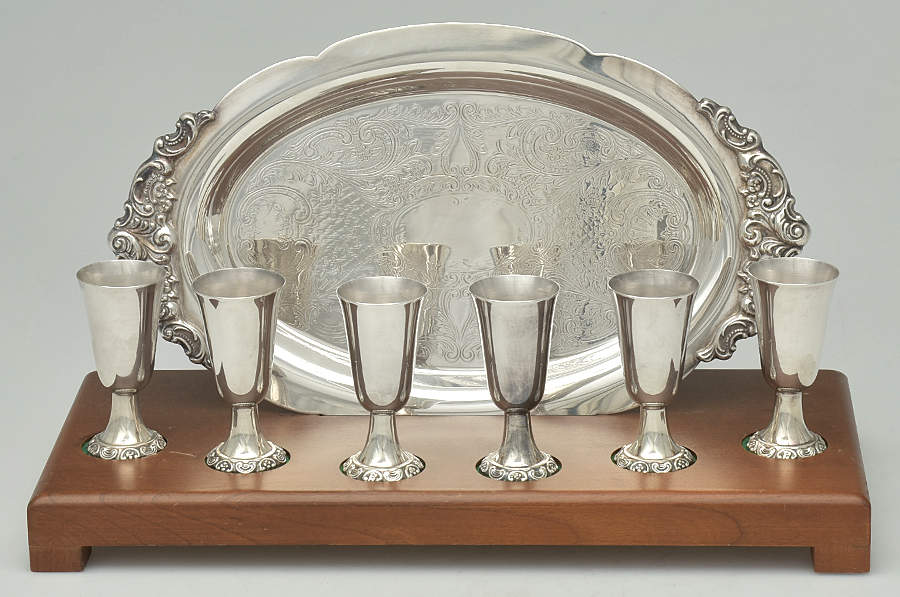 Baroque (Silverplate, Hollowware, Older) 8 Pc Cordial Set (6cordials, Tray & Display Stand) by Wallace Silver-1