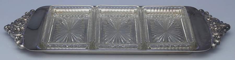 Baroque (Silverplate, Hollowware, Older) 3 Part Rectangular Relish with 3 Glass Liners by Wallace Silver-1