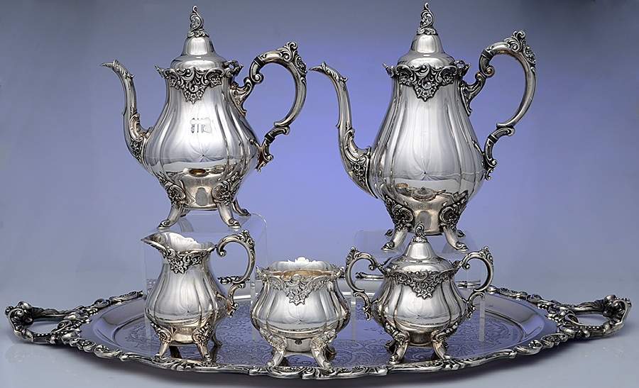 Baroque (Silverplate, Hollowware, Older) 6-Piece Plated Tea Set (Waste & Tray) by Wallace Silver-1
