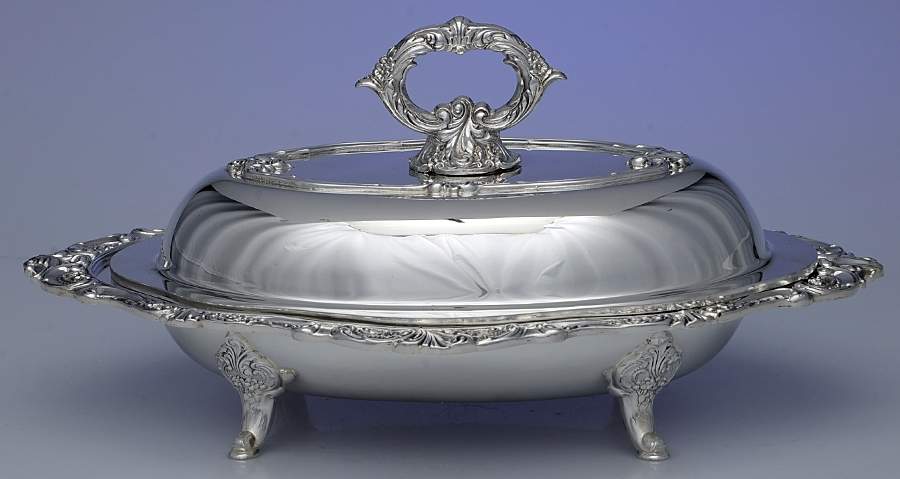 Baroque (Silverplate, Hollowware, Older) Footed Oval Covered Vegetable by Wallace Silver-1