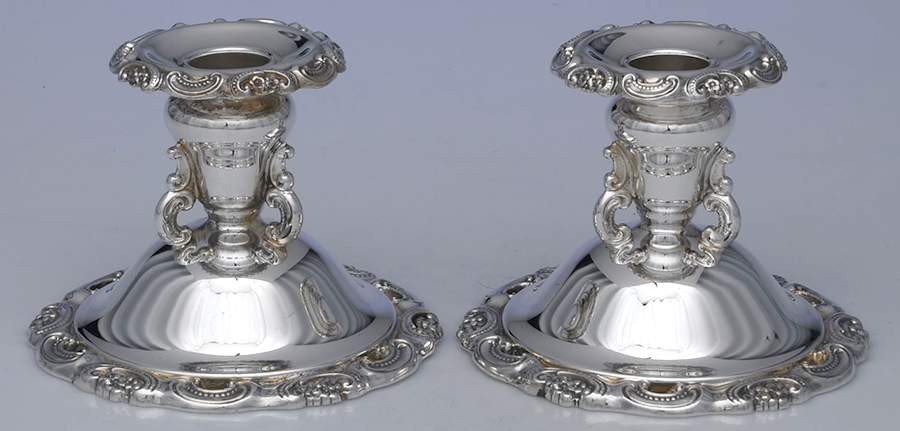 Baroque (Silverplate, Hollowware, Older) Pair of 3" Console Candleholders by Wallace Silver-1