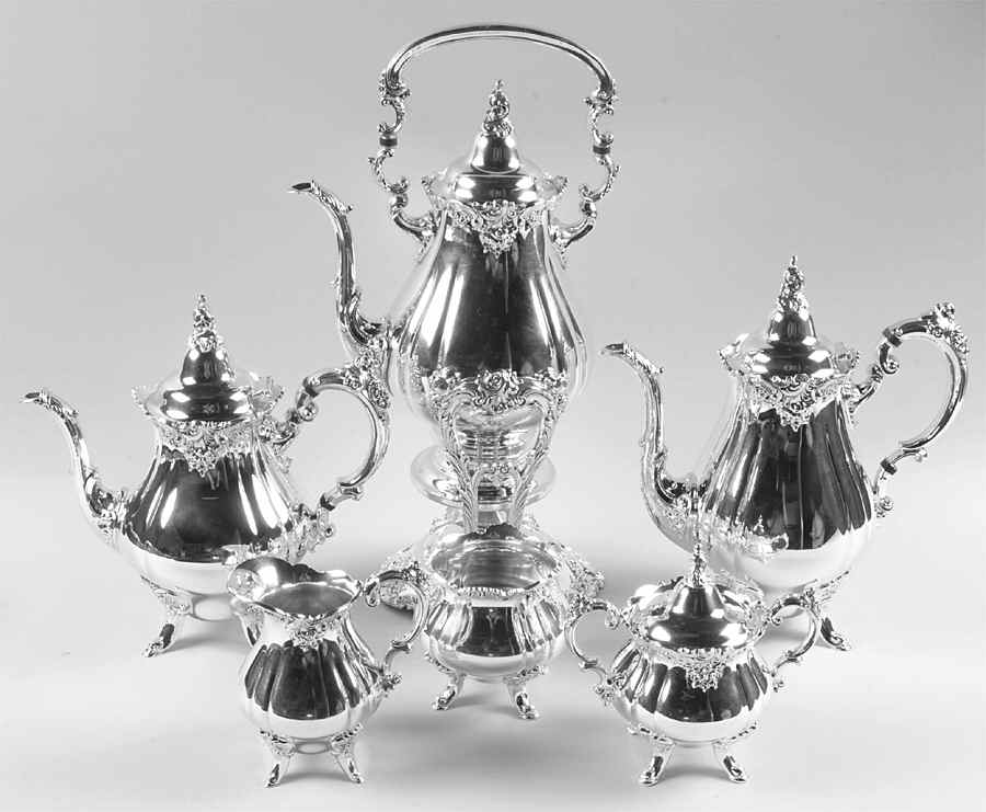 Baroque (Silverplate, Hollowware, Older) 6-Piece Plated Tea Set (Waste & Kettle) by Wallace Silver-1