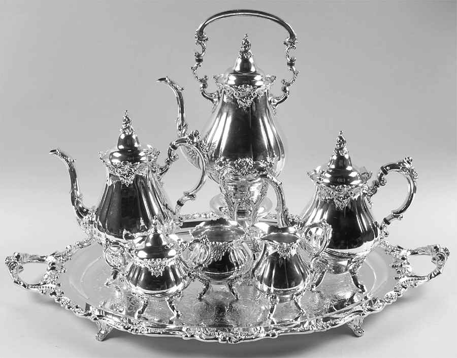 Baroque (Silverplate, Hollowware, Older) 7-Piece Plated Tea Set (w/ Waste, Kttle & Try) by Wallace Silver-1