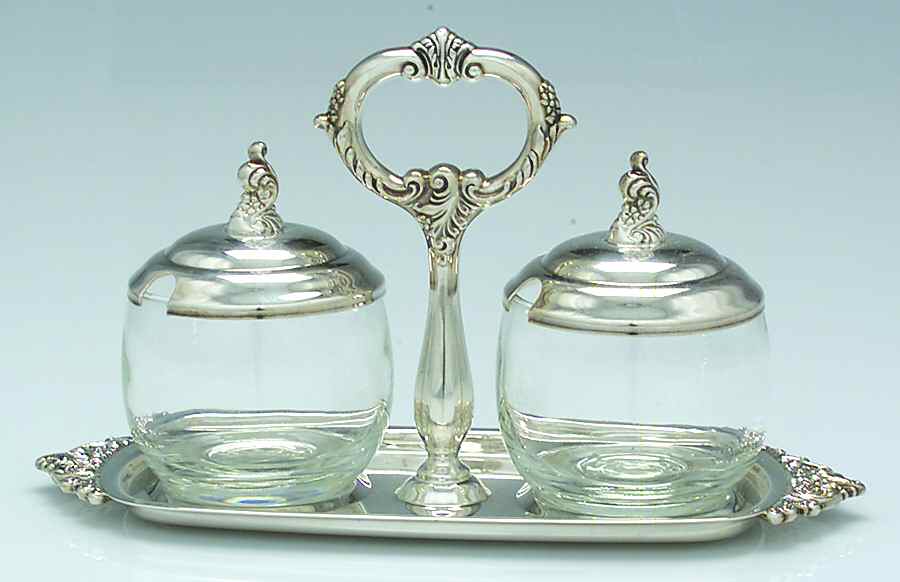 Baroque (Silverplate, Hollowware, Older) Jam/Jelly Set (2 Glass Jars W/Metal Lids & Stand) by Wallace Silver-1