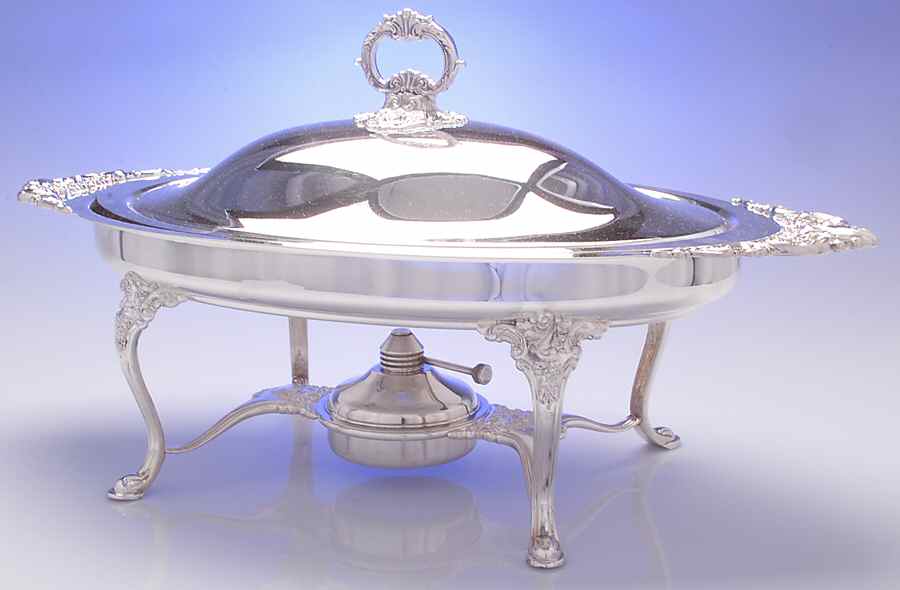 Baroque (Silverplate, Hollowware, Older) Oval Chafing Dish W/Lid,Burner,Stand,Liner by Wallace Silver-1