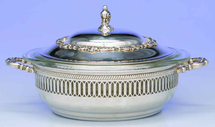 Baroque (Silverplate, Hollowware, Older) Plated Round Covered Casserole with Glass by Wallace Silver-1