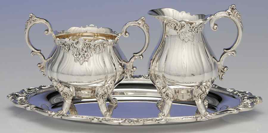 Baroque (Silverplate, Hollowware, Older) Plated Individual Creamer, Sugar and Tray by Wallace Silver-1