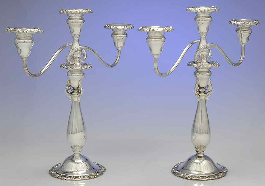 Baroque (Silverplate, Hollowware, Older) Pair of 13" 3 Light Candelabra by Wallace Silver-1