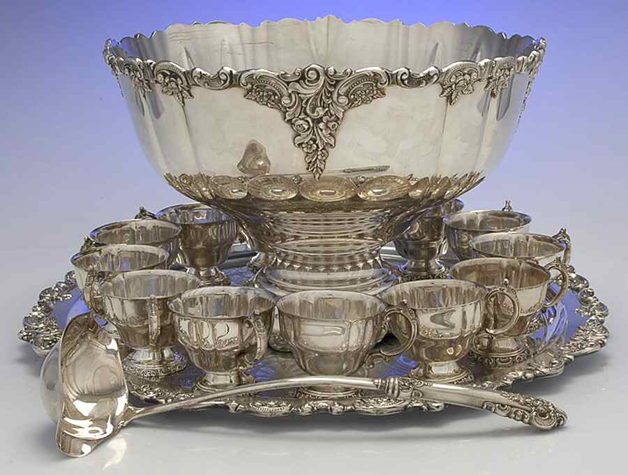 Baroque (Silverplate, Hollowware, Older) Punch Set (Bowl,  12Cups, Tray & Str&Svlp Ladle) by Wallace Silver-1