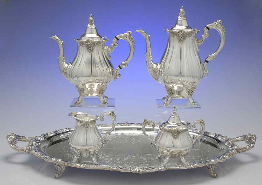 Baroque (Silverplate, Hollowware, Older) 5-Pc Silverplate Tea Set with Footed Tray by Wallace Silver-1