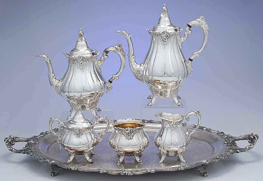 Baroque (Silverplate, Hollowware, Older) 6-Piece Plated Tea Set (Waste & Footed Tray) by Wallace Silver-1