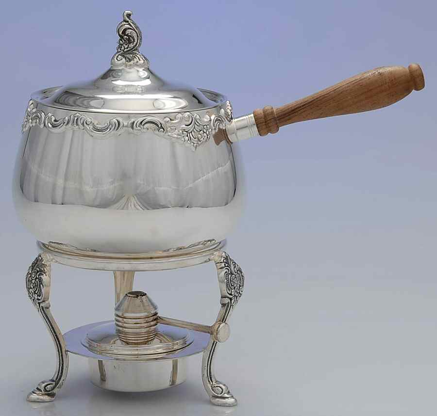 Baroque (Silverplate, Hollowware, Older) 1 qt saucepan & lid w/burner & warmer stand by Wallace Silver-1