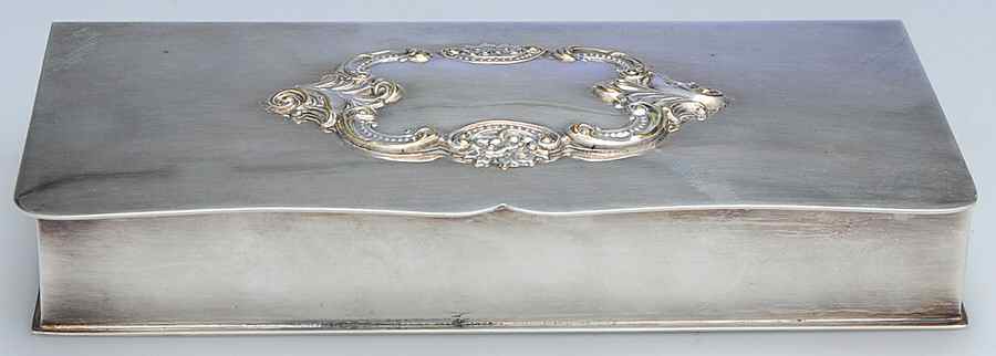 Baroque (Silverplate, Hollowware, Older) Divided Cigarette Box Mahogany Lined by Wallace Silver-1