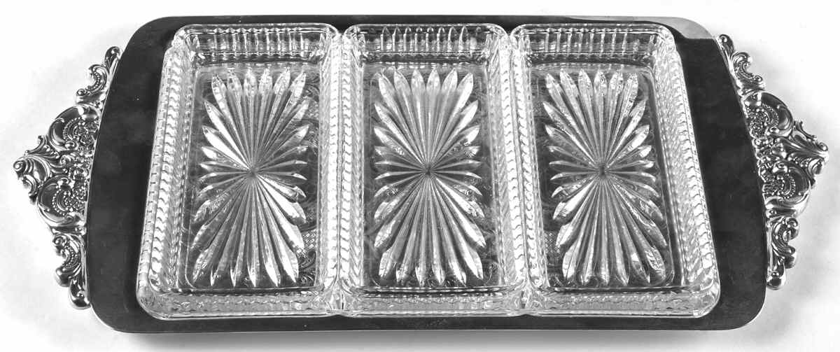 Baroque (Silverplate, Hollowware, Older) 3 Part Rectangular Relish with 3 Glass Liners by Wallace Silver-1