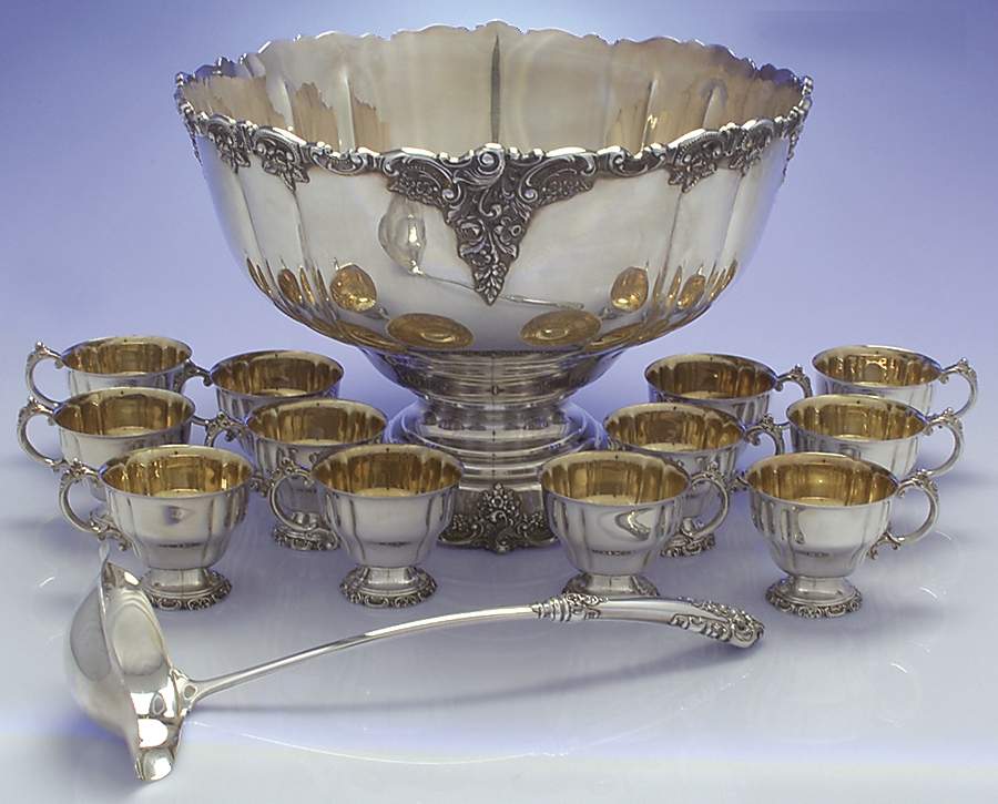 Baroque (Silverplate, Hollowware, Older) Punch Set-Bowl, Ladle & 12 Cups by Wallace Silver-1
