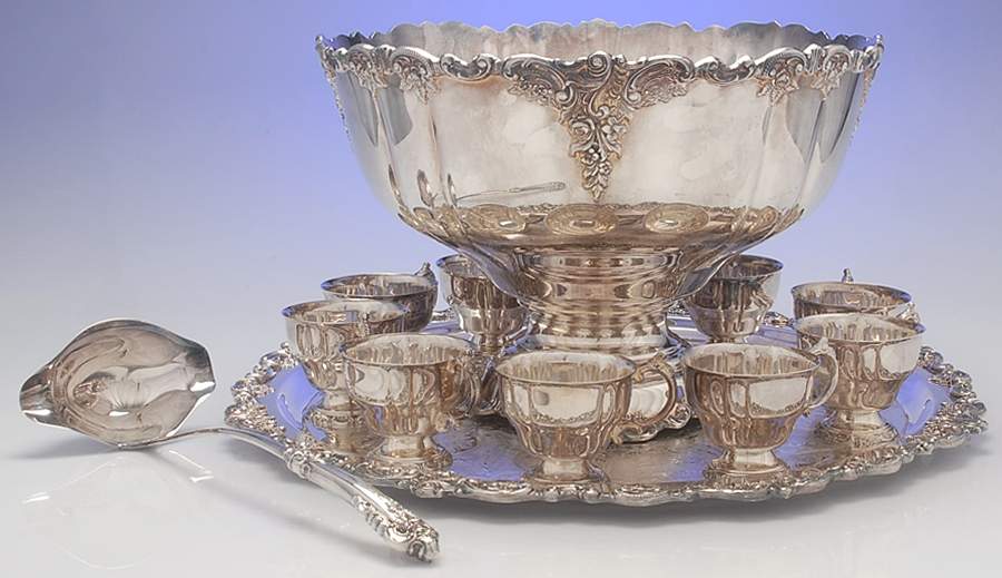Baroque (Silverplate, Hollowware, Older) Punch Set-Bowl,10 Cups,Tray & Ladle by Wallace Silver-1