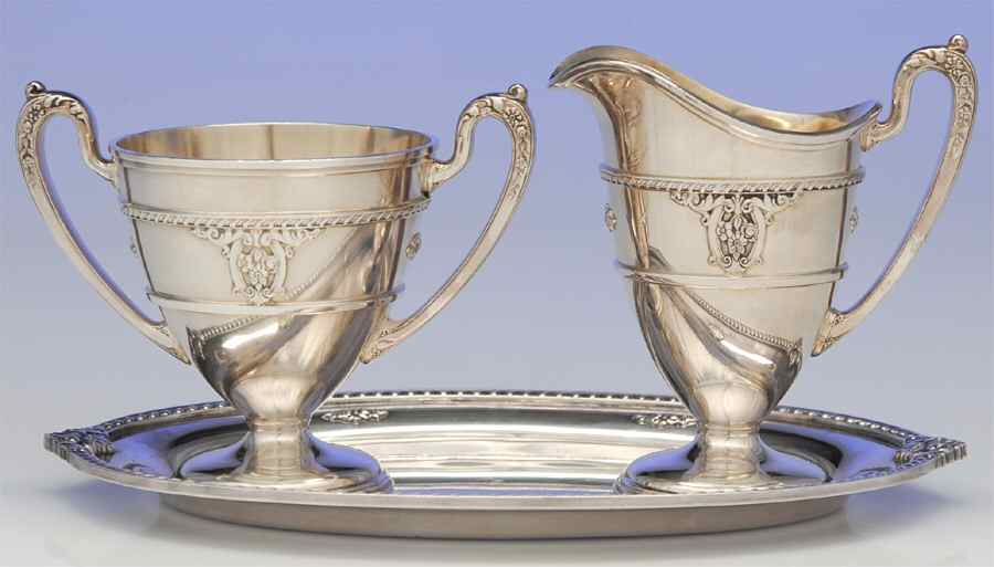 Rose Point (6702, Silverplate, Hollowware) Plated Individual Creamer, Sugar and Tray by Wallace Silver-1