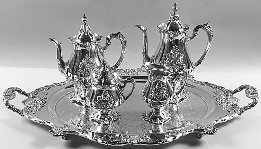 Christopher Wren (Silverplate, Hollowware) 5-Piece Silverplate Tea Set (with Tray) by Wallace Silver-1