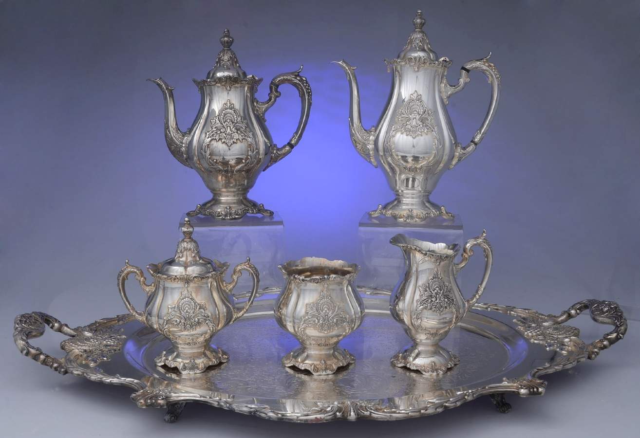 Christopher Wren (Silverplate, Hollowware) 6-Piece Plated Tea Set (Waste & Footed Tray) by Wallace Silver-1