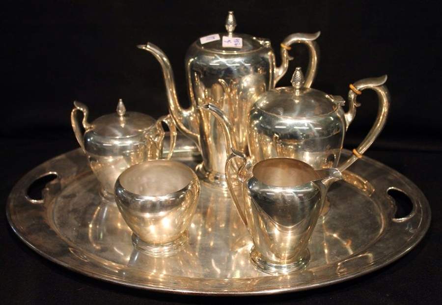 Late Colonial (Sterling Hollowware) 6 Piece Tea Set (SCP, STP, SCR, SSU, SWB, WTL) by Watson-1