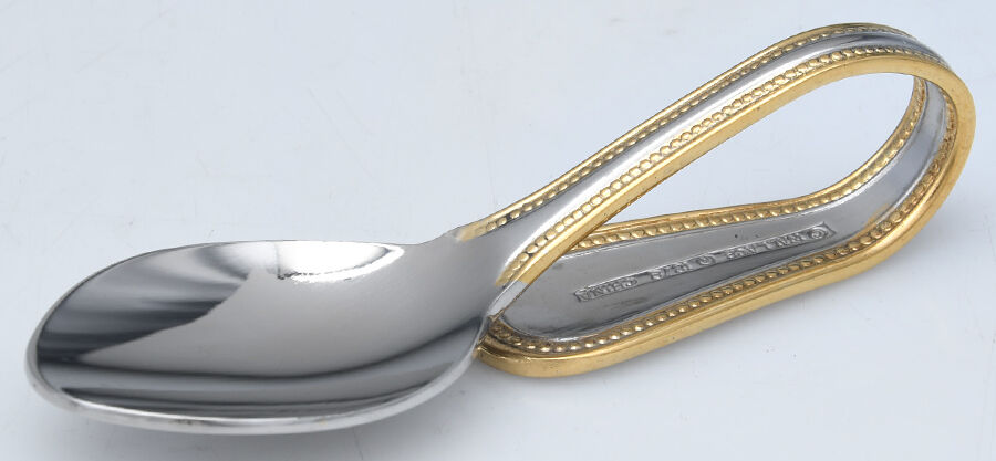 Gold Royal Bead (Stainless) Baby Spoon with Curved Handle HC by Wallace Silver-1