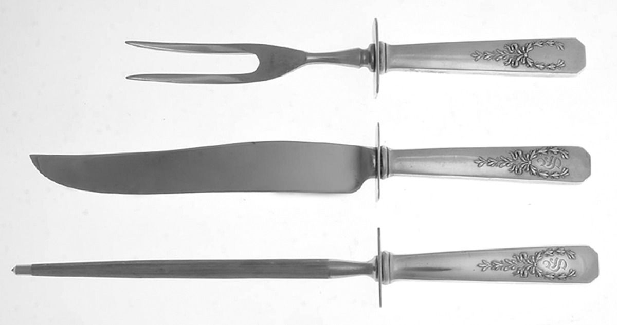 Madam Jumel (Sterling, 1908, Monograms) Small Steak 3-Piece Carving Set w/Stainless Blade by Whiting Manf Co-1