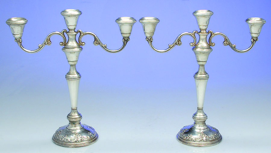 Grande Baroque (Sterling, Hollowware, 1 Hallmark) Pair of Weighted 3 Light Candelabra by Wallace Silver-1