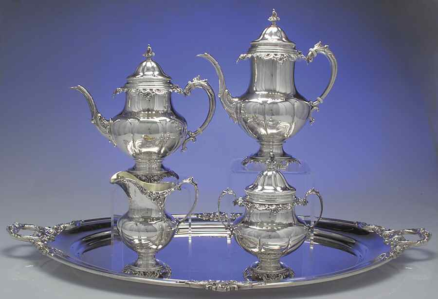 Grande Baroque (Sterling, Hollowware, 1 Hallmark) 5 Piece Tea Set (SCP, STP, SCR, SSU, WTL) by Wallace Silver-1